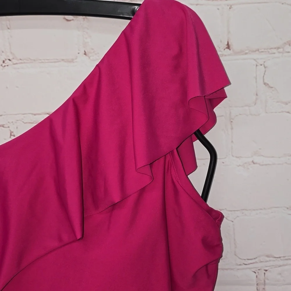 Kona Sol One Piece Swimsuit Ruffle One Shoulder Full Coverage Seat Hot Pink - Picture 2 of 15